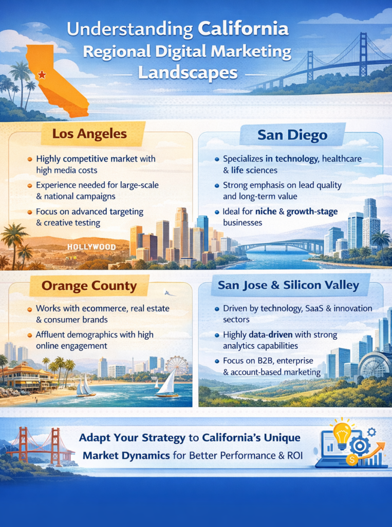 Digital marketing agency in California regional market comparison including Los Angeles, San Diego, Orange County and Silicon Valley