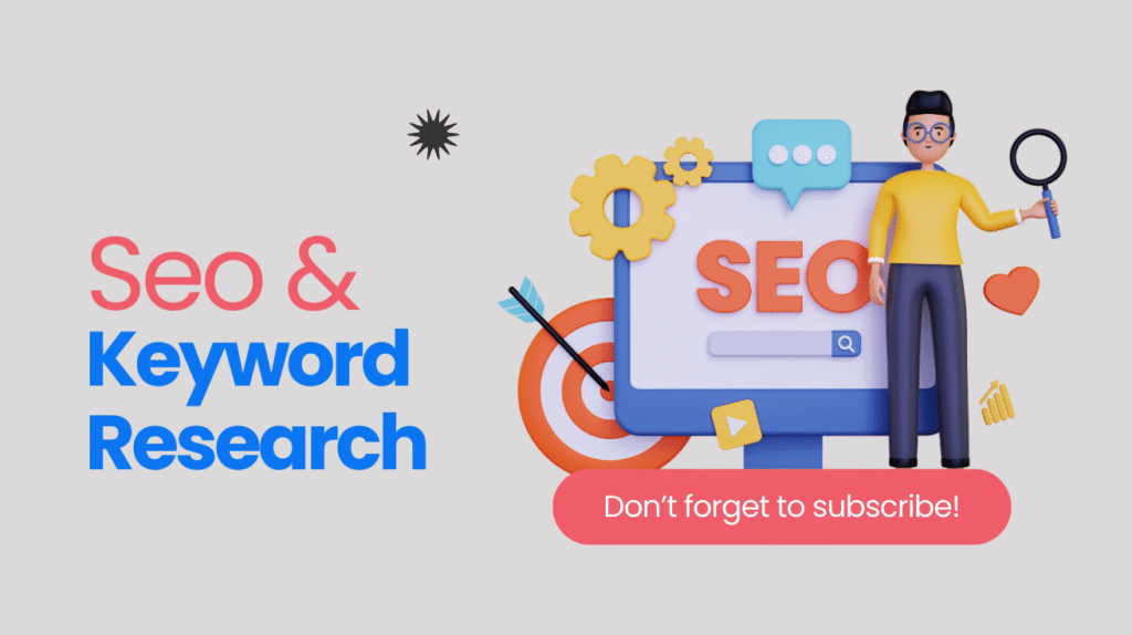 SEO and Keyword Research illustration showing search optimization and digital marketing strategy